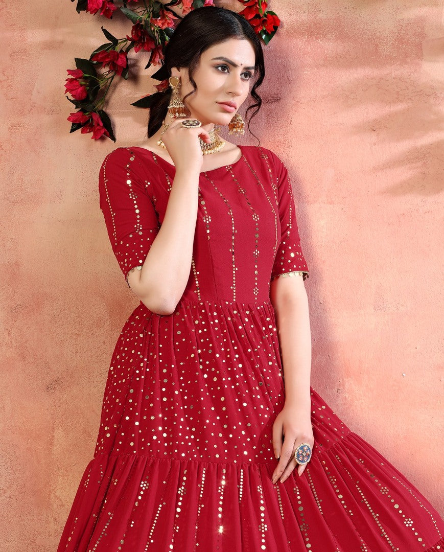 Red georgette golden sequence work party wear gown