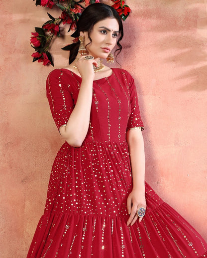 Red georgette golden sequence work party wear gown