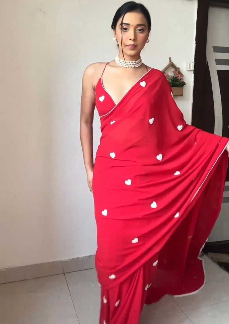 Red georgette heart sequence work ready to wear saree