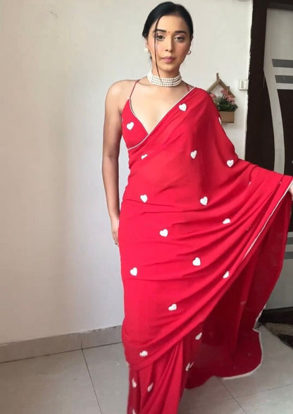 Red georgette heart sequence work ready to wear saree