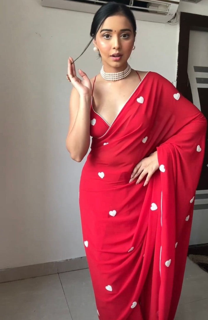 Red georgette heart sequence work ready to wear saree