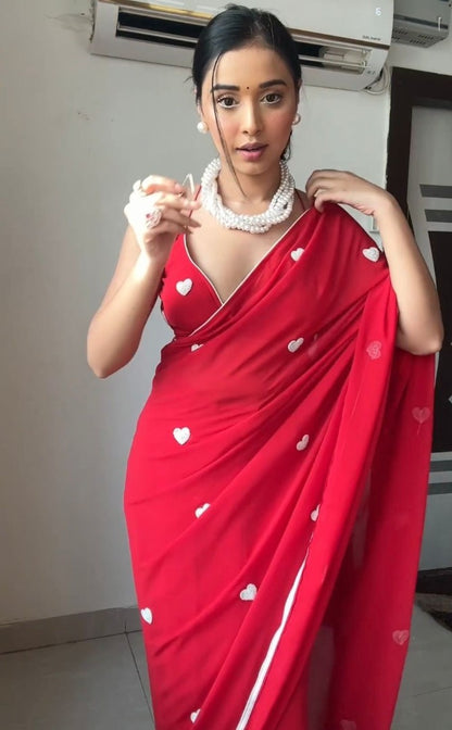 Red georgette heart sequence work ready to wear saree