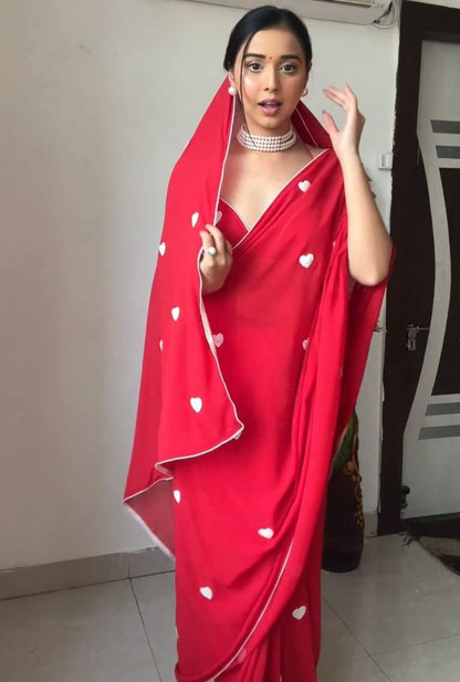 Red georgette heart sequence work ready to wear saree