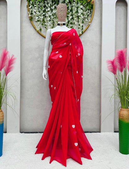 Red georgette heart sequence work ready to wear saree