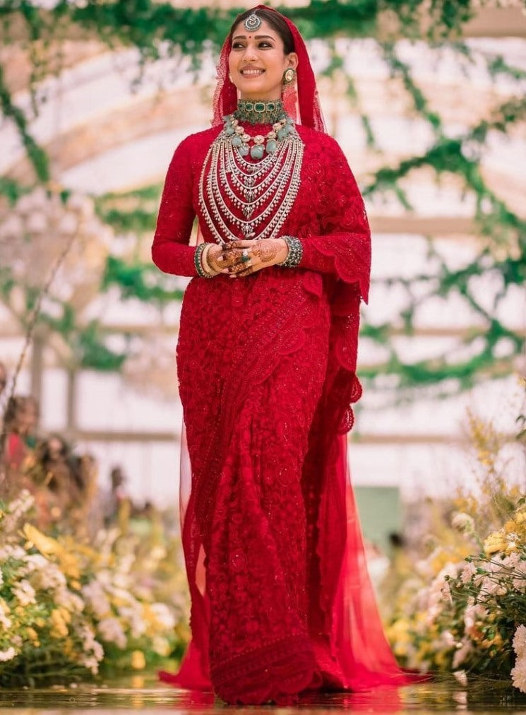 Red georgette heavy chain stitch embroidered wedding saree