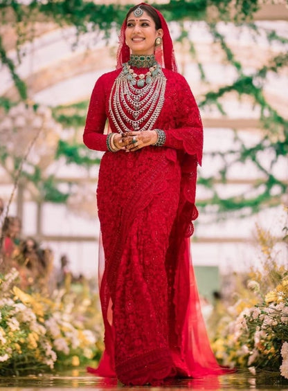 Red georgette heavy chain stitch embroidered wedding saree