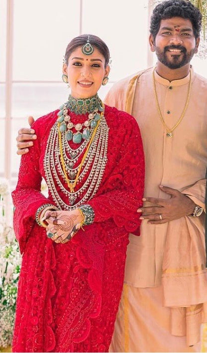 Red georgette heavy chain stitch embroidered wedding saree