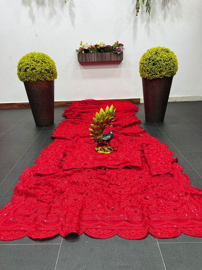 Red georgette heavy chain stitch embroidered wedding saree
