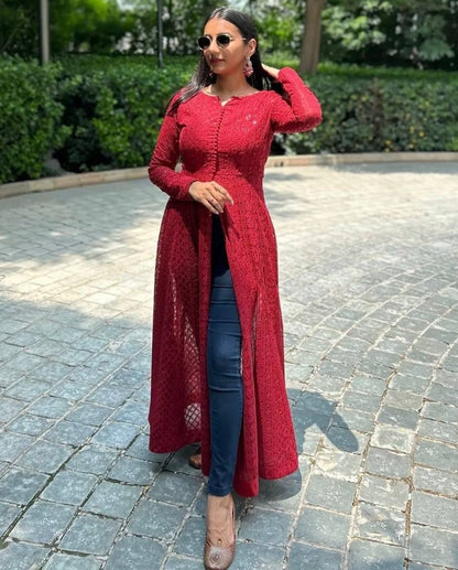 Red georgette heavy chikankari work designer kurti