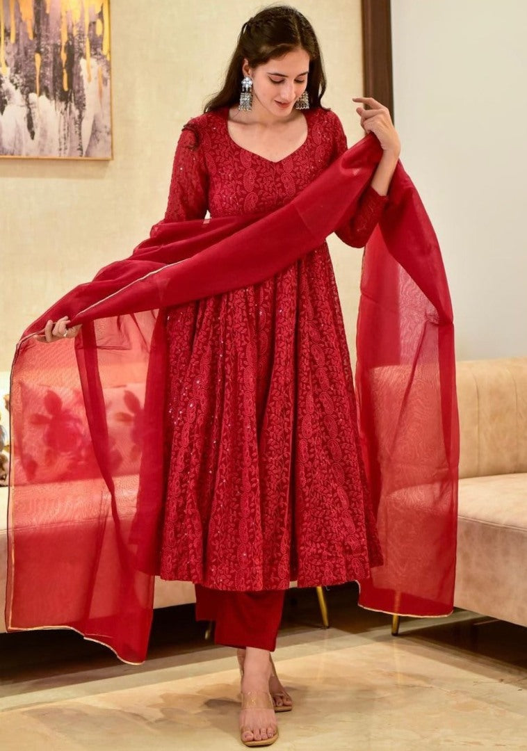 Red georgette heavy embroidered anarkali suit