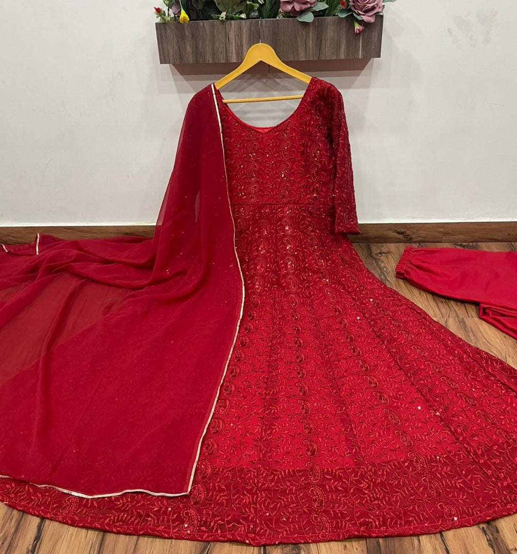Red georgette heavy embroidered anarkali suit
