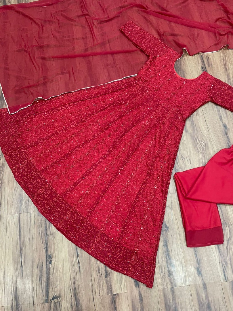 Red georgette heavy embroidered anarkali suit
