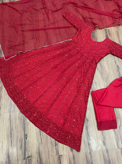 Red georgette heavy embroidered anarkali suit