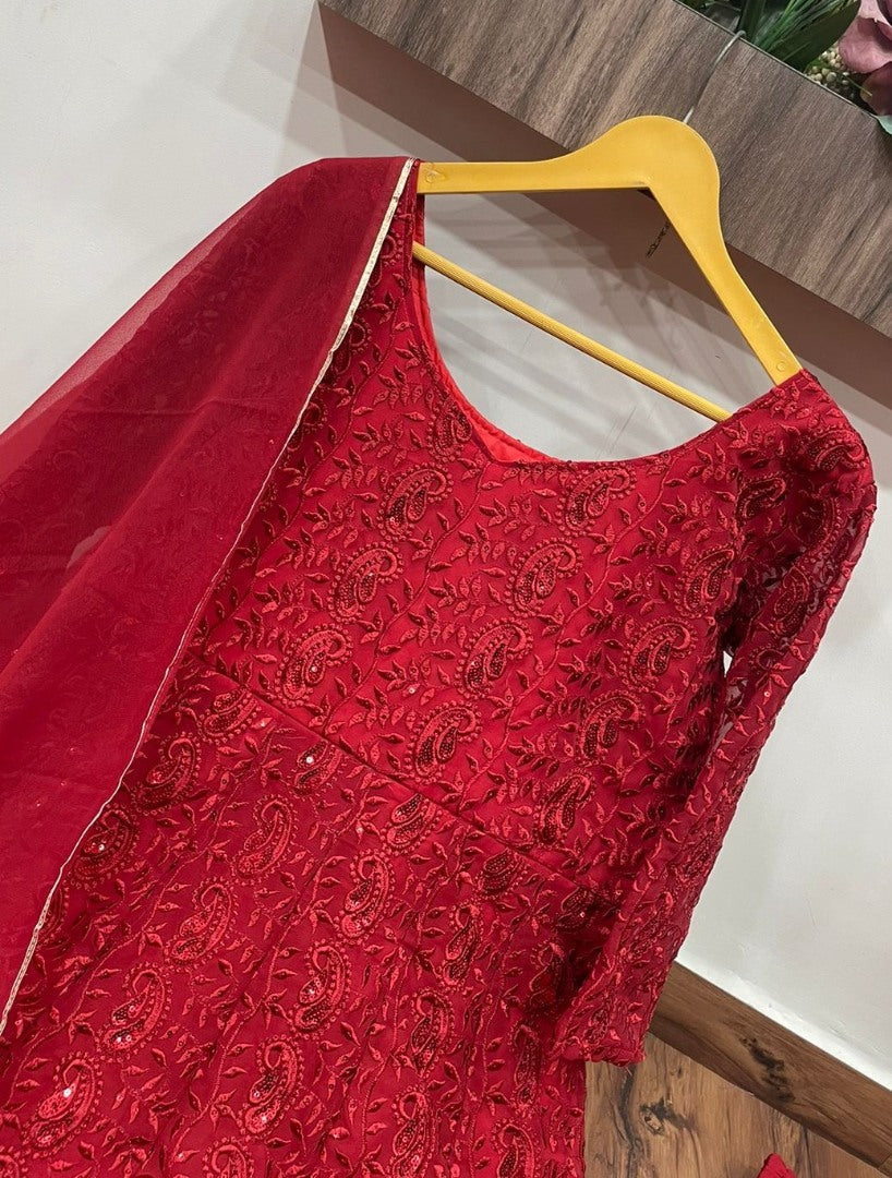 Red georgette heavy embroidered anarkali suit