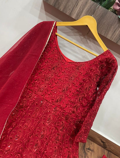 Red georgette heavy embroidered anarkali suit