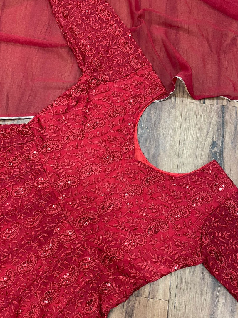 Red georgette heavy embroidered anarkali suit