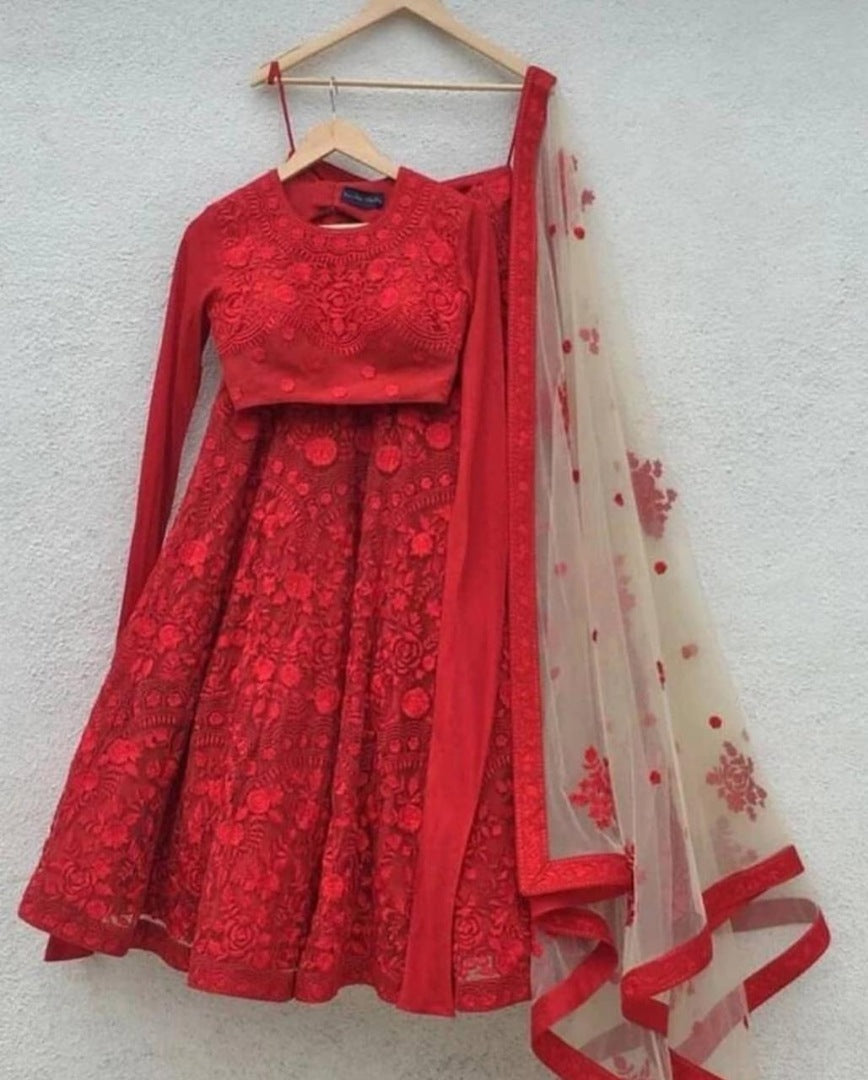 Red georgette heavy embroidered lehenga choli for ceremony