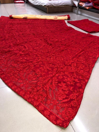 Red georgette heavy embroidered lehenga choli for ceremony