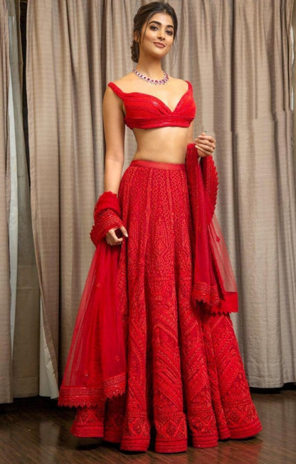 Red georgette heavy embroidered partywear lehenga choli