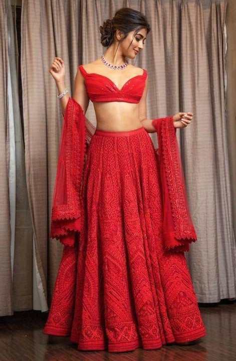 Red georgette heavy embroidered partywear lehenga choli