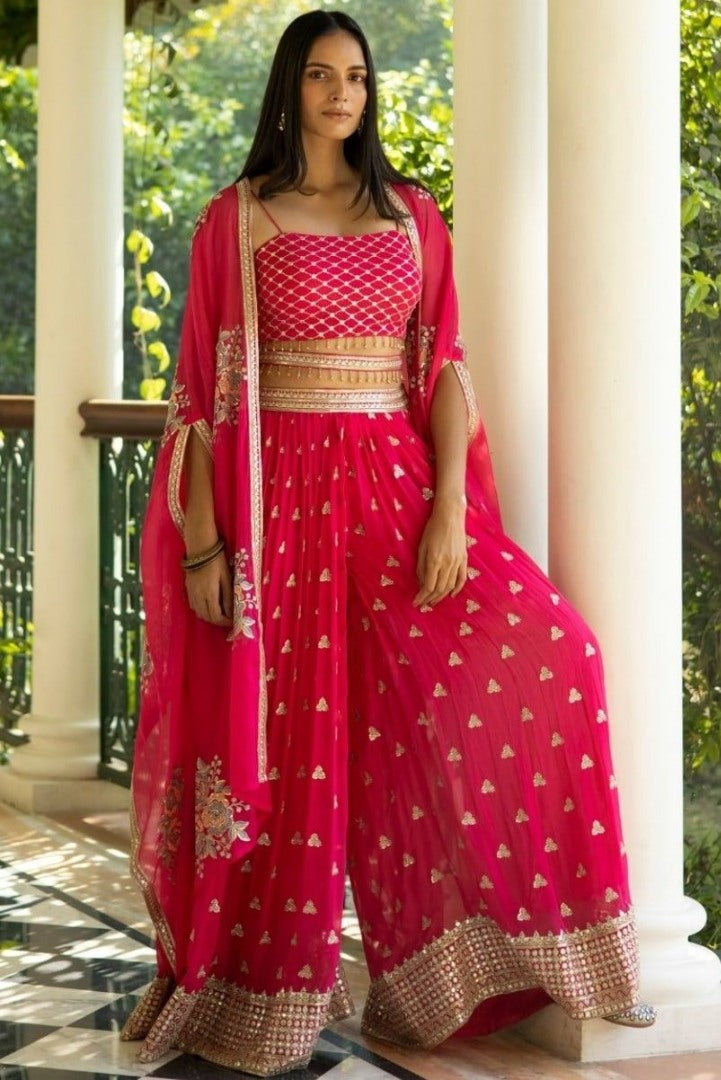 Red georgette heavy embroidered plazzo suit for wedding