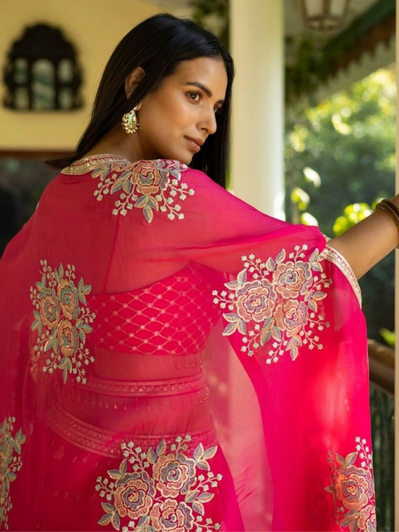 Red georgette heavy embroidered plazzo suit for wedding