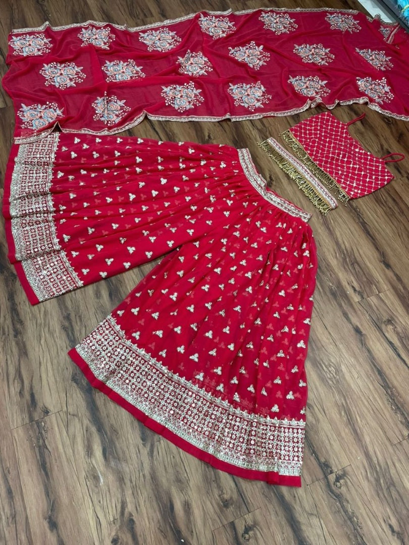 Red georgette heavy embroidered plazzo suit for wedding
