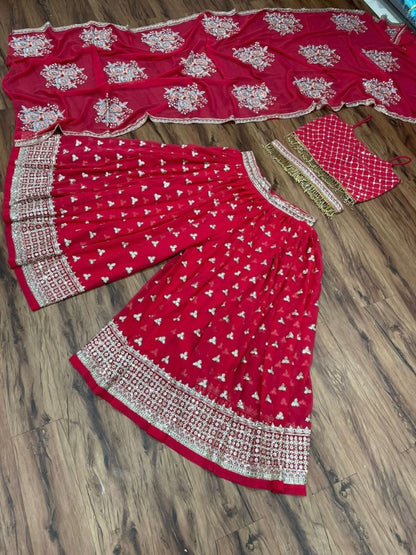 Red georgette heavy embroidered plazzo suit for wedding