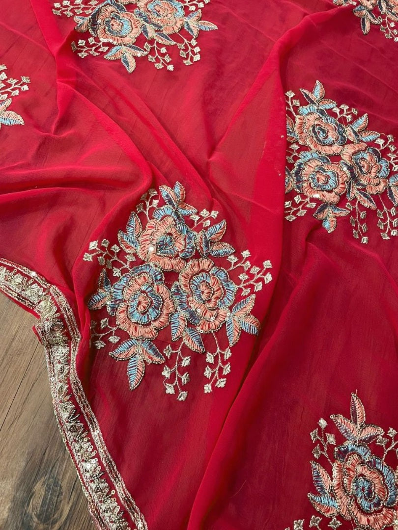 Red georgette heavy embroidered plazzo suit for wedding