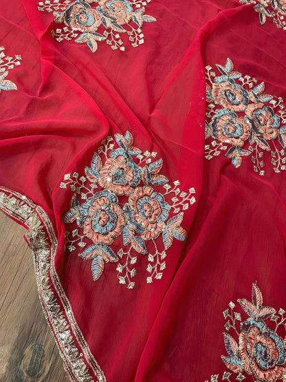 Red georgette heavy embroidered plazzo suit for wedding