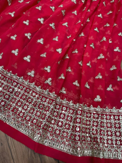 Red georgette heavy embroidered plazzo suit for wedding