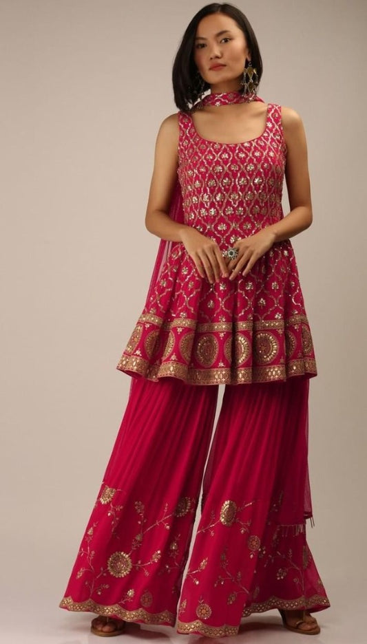 Red georgette heavy embroidered sharara suit