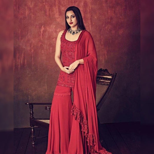 Red georgette heavy embroidered threadwork bollywood sharara salwar suit