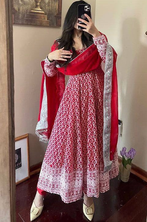 Red georgette heavy embroidered wedding anarkali suit