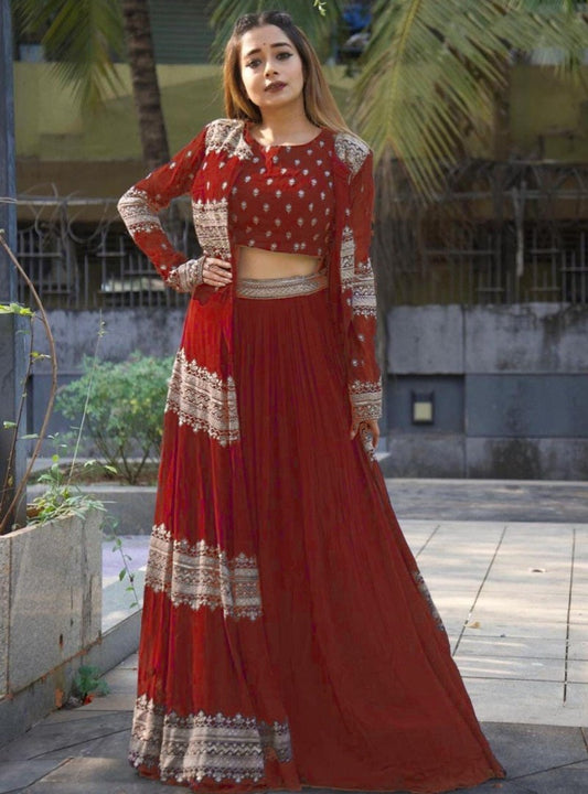 Red georgette heavy embroidered work lehenga choli with koti