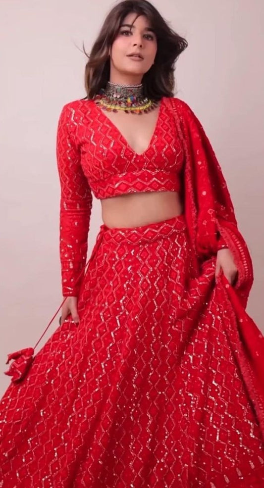 Red georgette heavy embroidery sequence work designer wedding lehenga choli