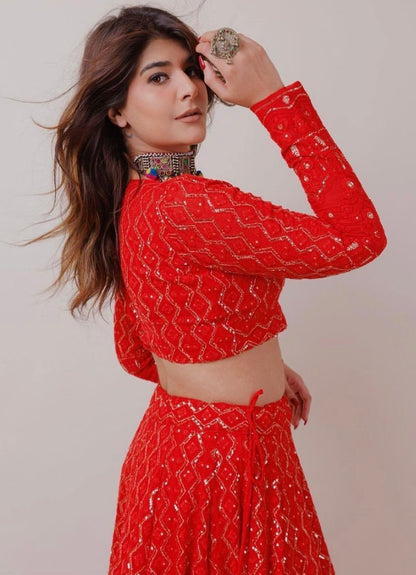 Red georgette heavy embroidery sequence work designer wedding lehenga choli