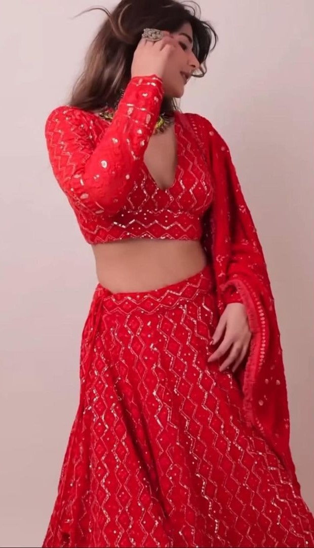 Red georgette heavy embroidery sequence work designer wedding lehenga choli