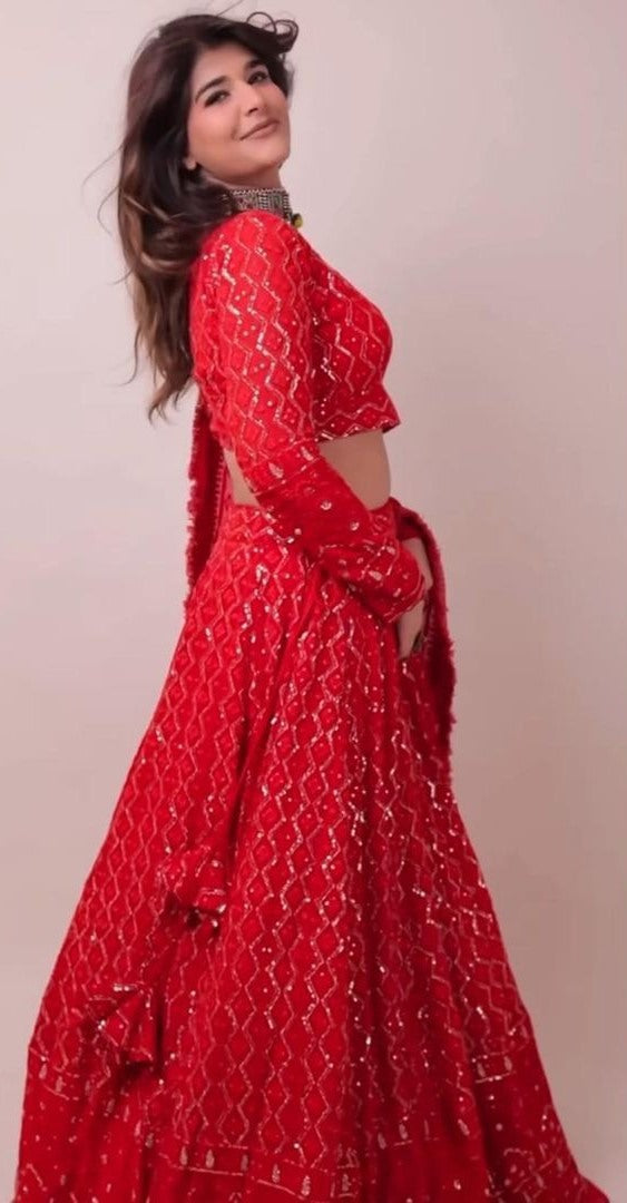 Red georgette heavy embroidery sequence work designer wedding lehenga choli