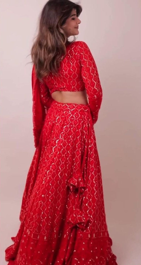 Red georgette heavy embroidery sequence work designer wedding lehenga choli