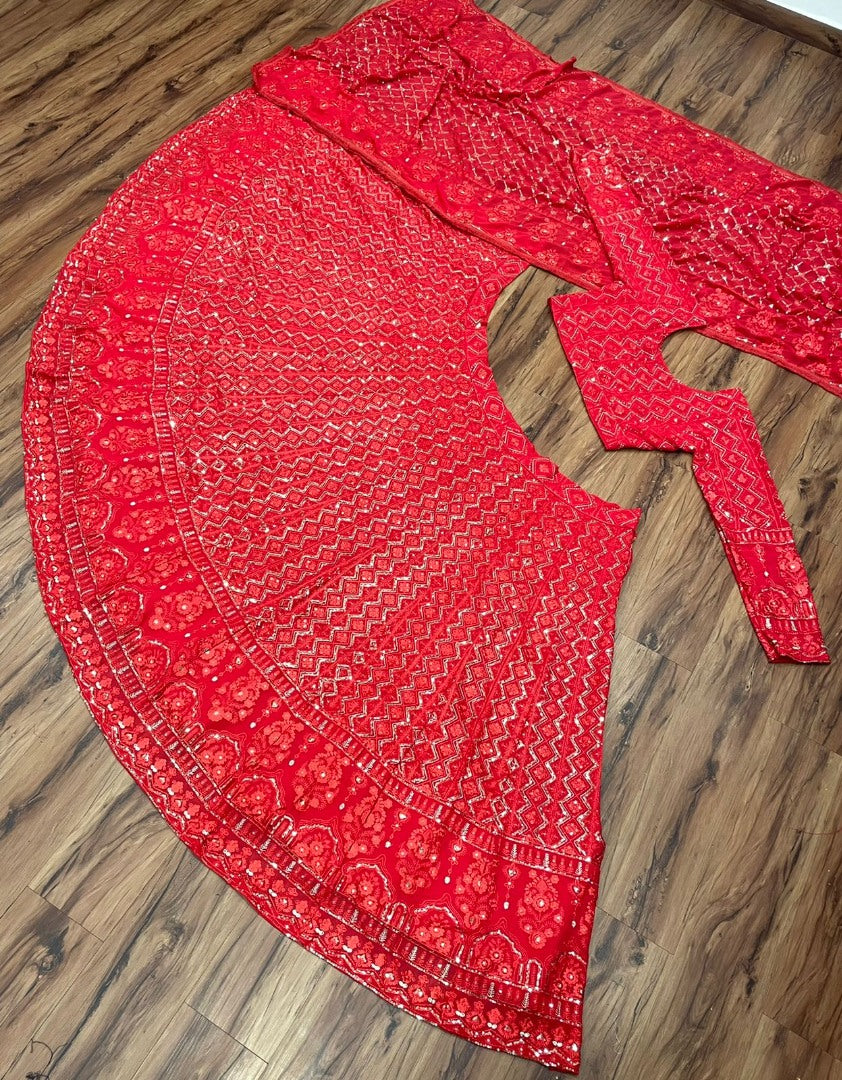 Red georgette heavy embroidery sequence work designer wedding lehenga choli