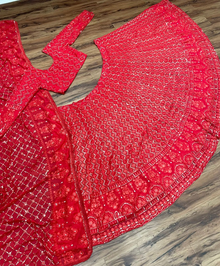 Red georgette heavy embroidery sequence work designer wedding lehenga choli