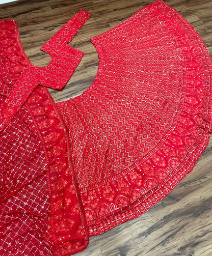 Red georgette heavy embroidery sequence work designer wedding lehenga choli