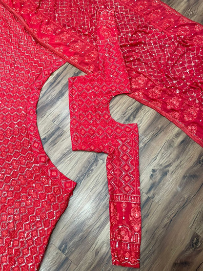 Red georgette heavy embroidery sequence work designer wedding lehenga choli