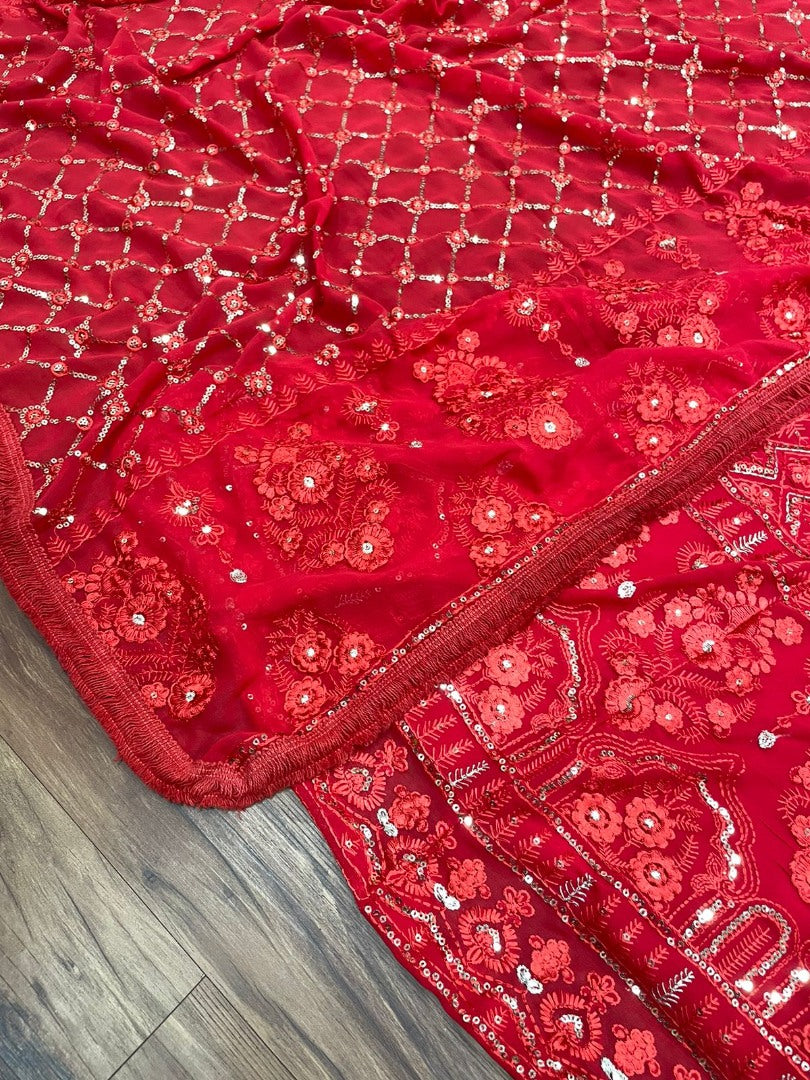 Red georgette heavy embroidery sequence work designer wedding lehenga choli