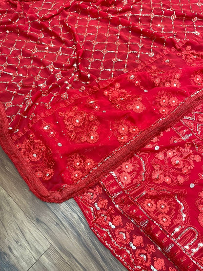 Red georgette heavy embroidery sequence work designer wedding lehenga choli