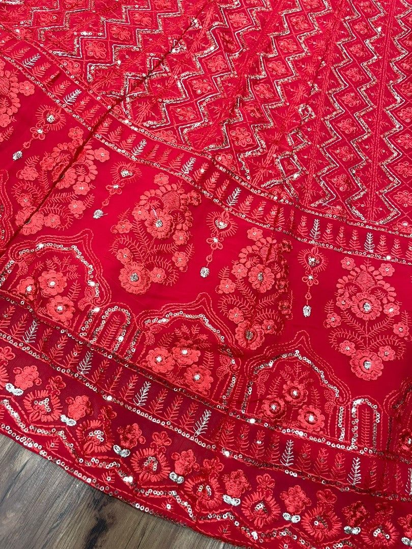 Red georgette heavy embroidery sequence work designer wedding lehenga choli