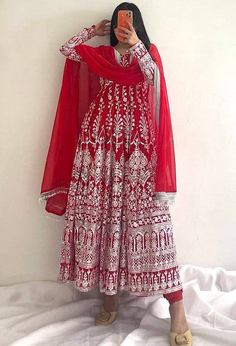 Red georgette heavy embroidery wedding anarkali suit