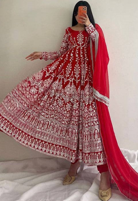 Red georgette heavy embroidery wedding anarkali suit