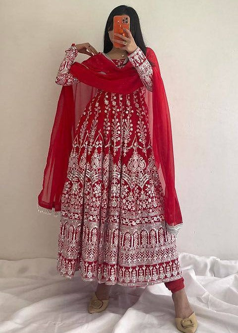 Red georgette heavy embroidery wedding anarkali suit
